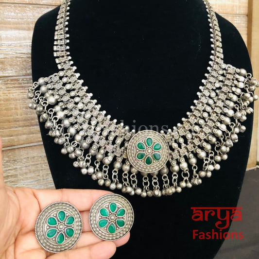 Green Silver Oxidized Designer Necklace with Stones and Stud Earrings