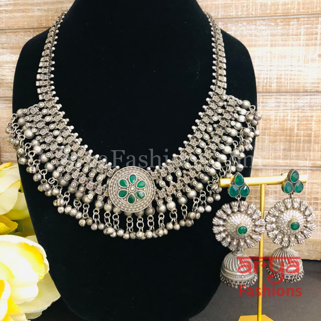 Green Silver Oxidized Designer Necklace with Stones and Stud Earrings