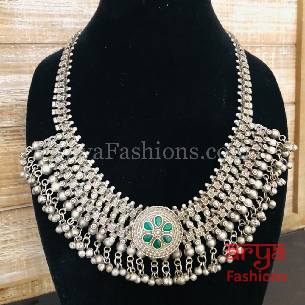 Green Silver Oxidized Designer Necklace with Stones and Stud Earrings
