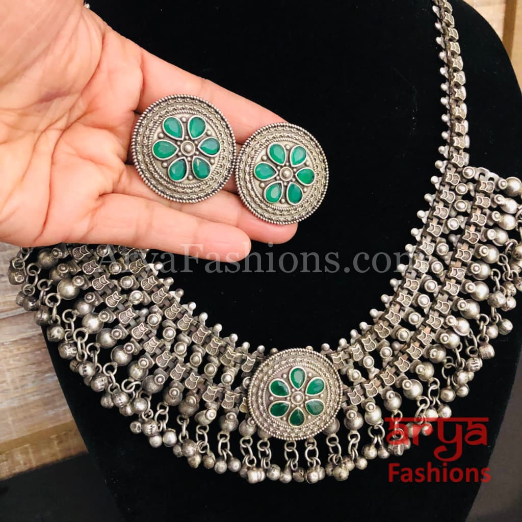 Green Silver Oxidized Designer Necklace with Stones and Stud Earrings