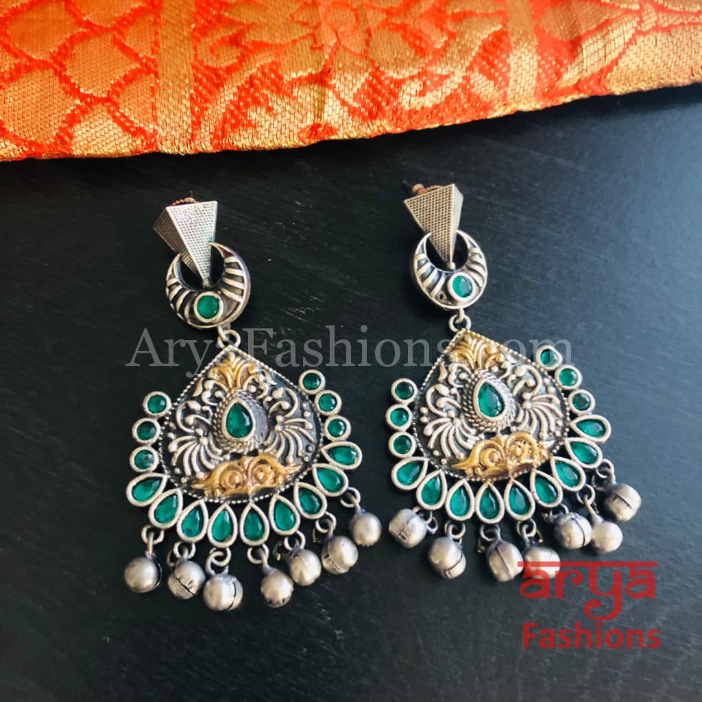 Green Silver Oxidized Dual Tone Tribal Chandbali Earrings