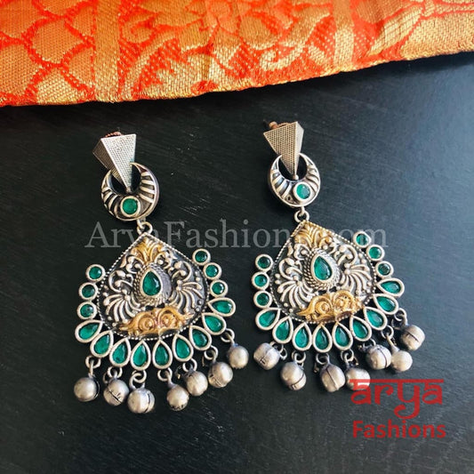 Green Silver Oxidized Dual Tone Tribal Chandbali Earrings