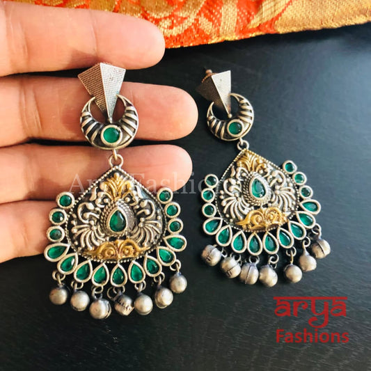 Green Silver Oxidized Dual Tone Tribal Chandbali Earrings