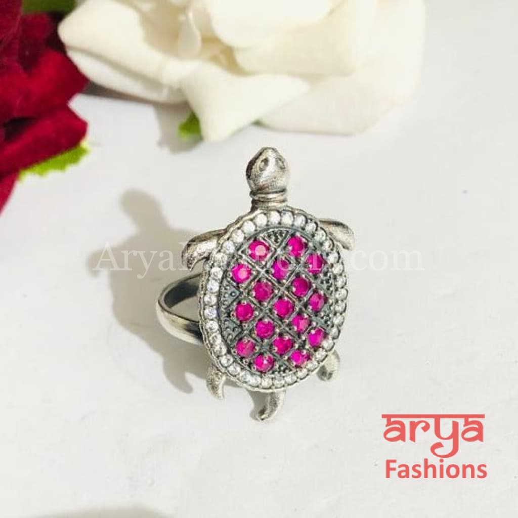Green Turtle Ring/ Ruby Oxidized Silver Ring