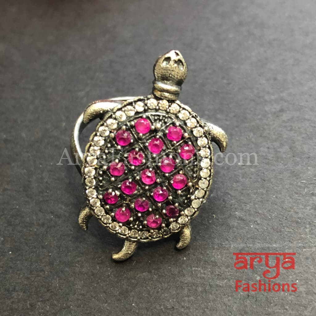Green Turtle Ring/ Ruby Oxidized Silver Ring