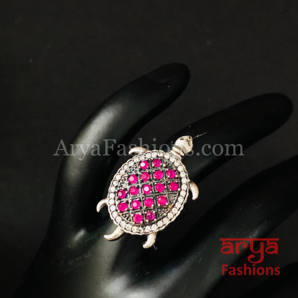 Green Turtle Ring/ Ruby Oxidized Silver Ring