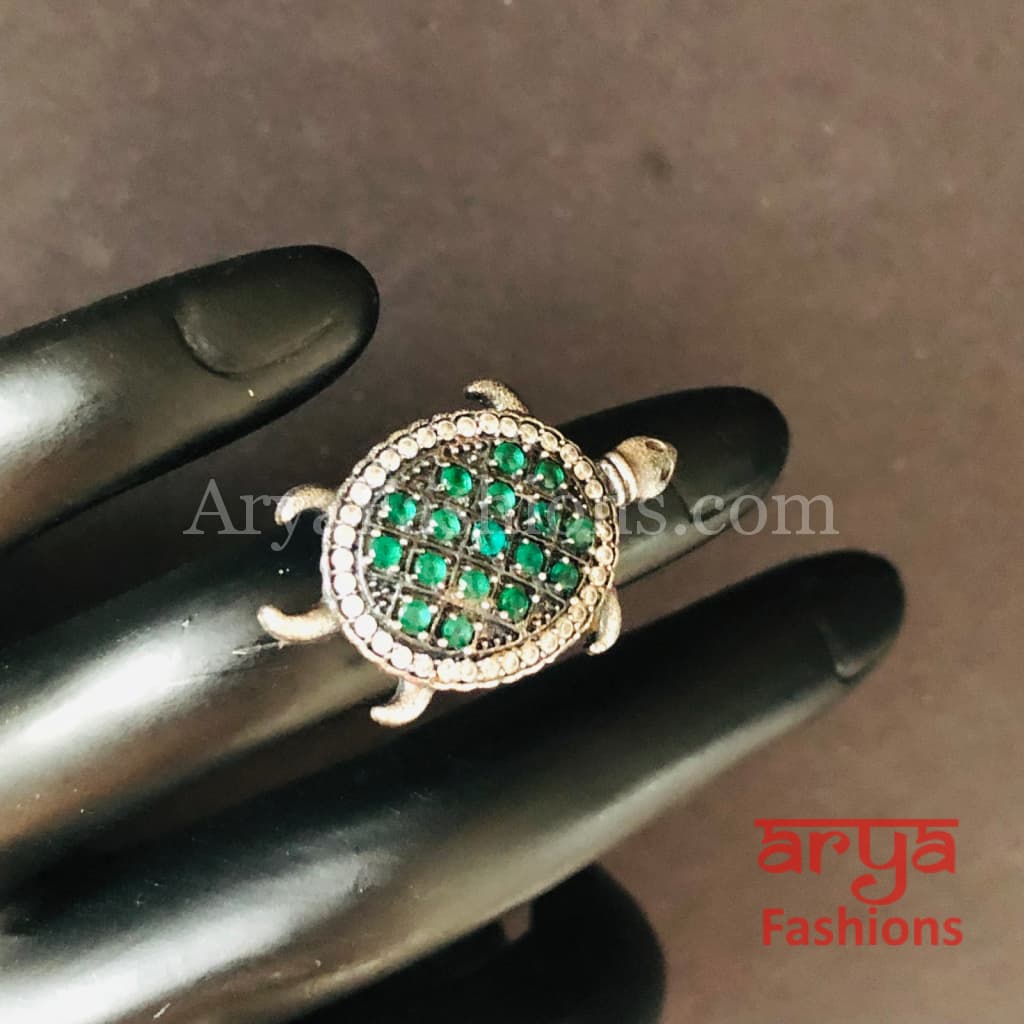 Green Turtle Ring/ Ruby Oxidized Silver Ring