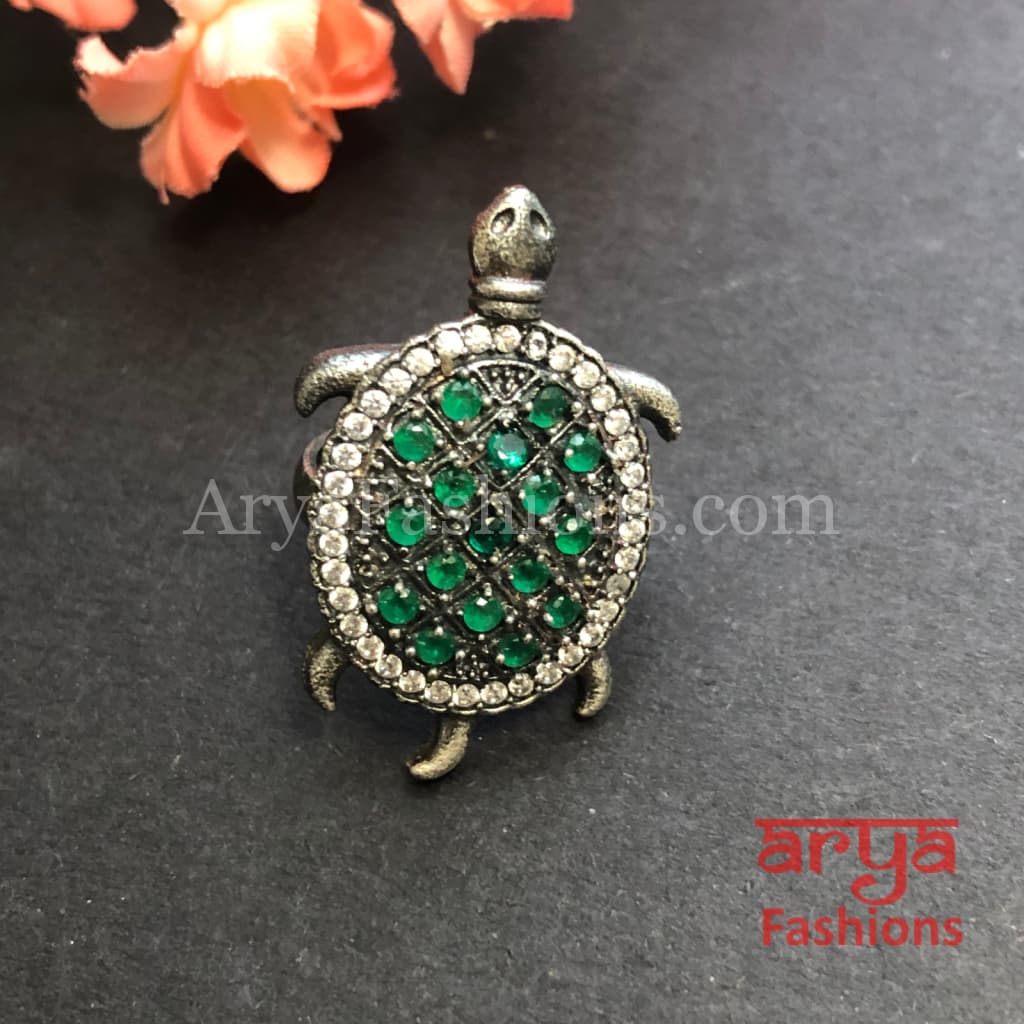 Green Turtle Ring/ Ruby Oxidized Silver Ring