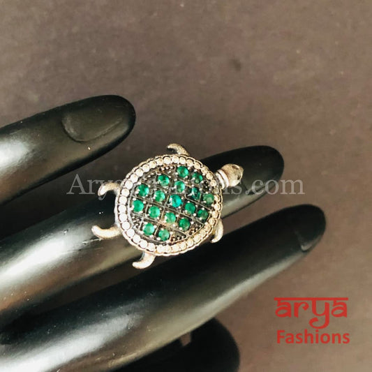 Green Turtle Ring/ Ruby Oxidized Silver Ring