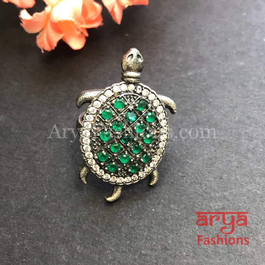 Green Turtle Ring/ Ruby Oxidized Silver Ring