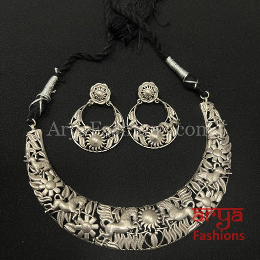 Handcarved Silver Designer Oxidized Hasli Necklace