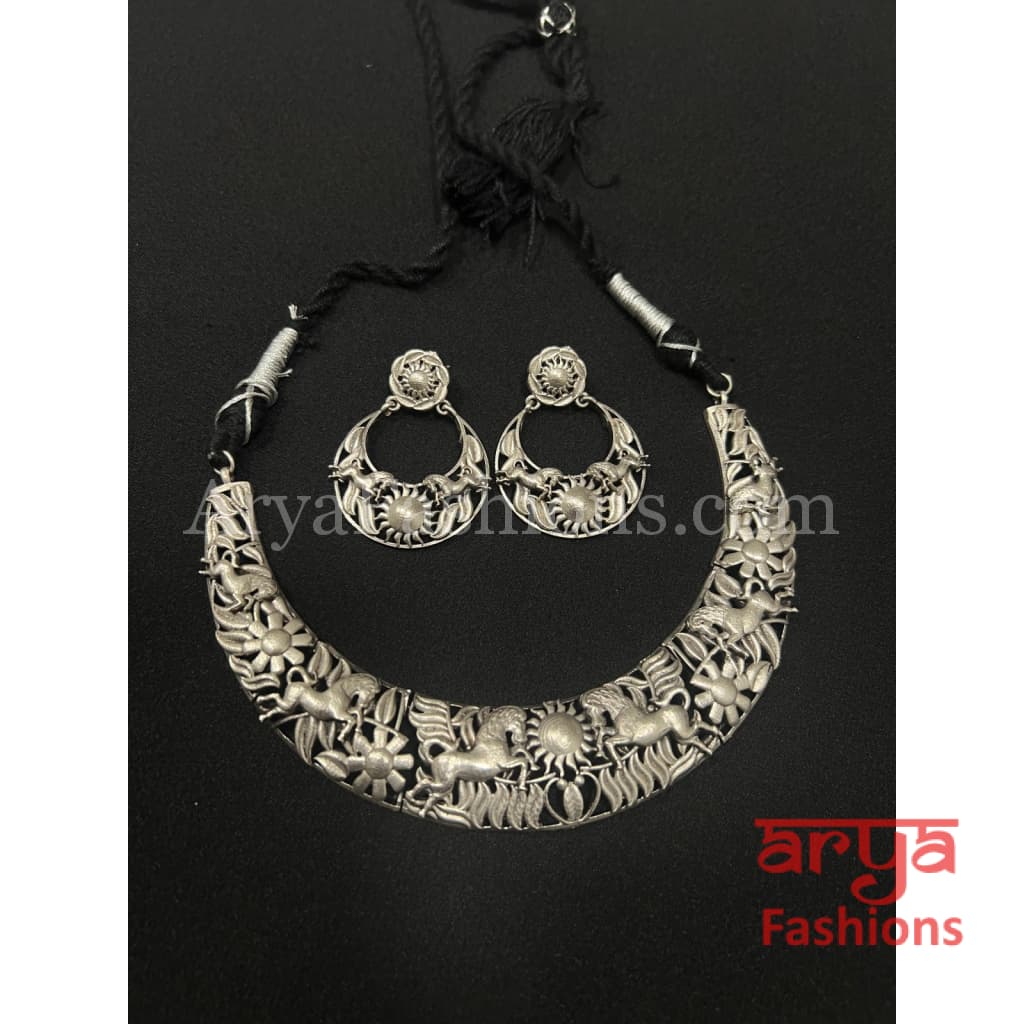 Handcarved Silver Designer Oxidized Hasli Necklace