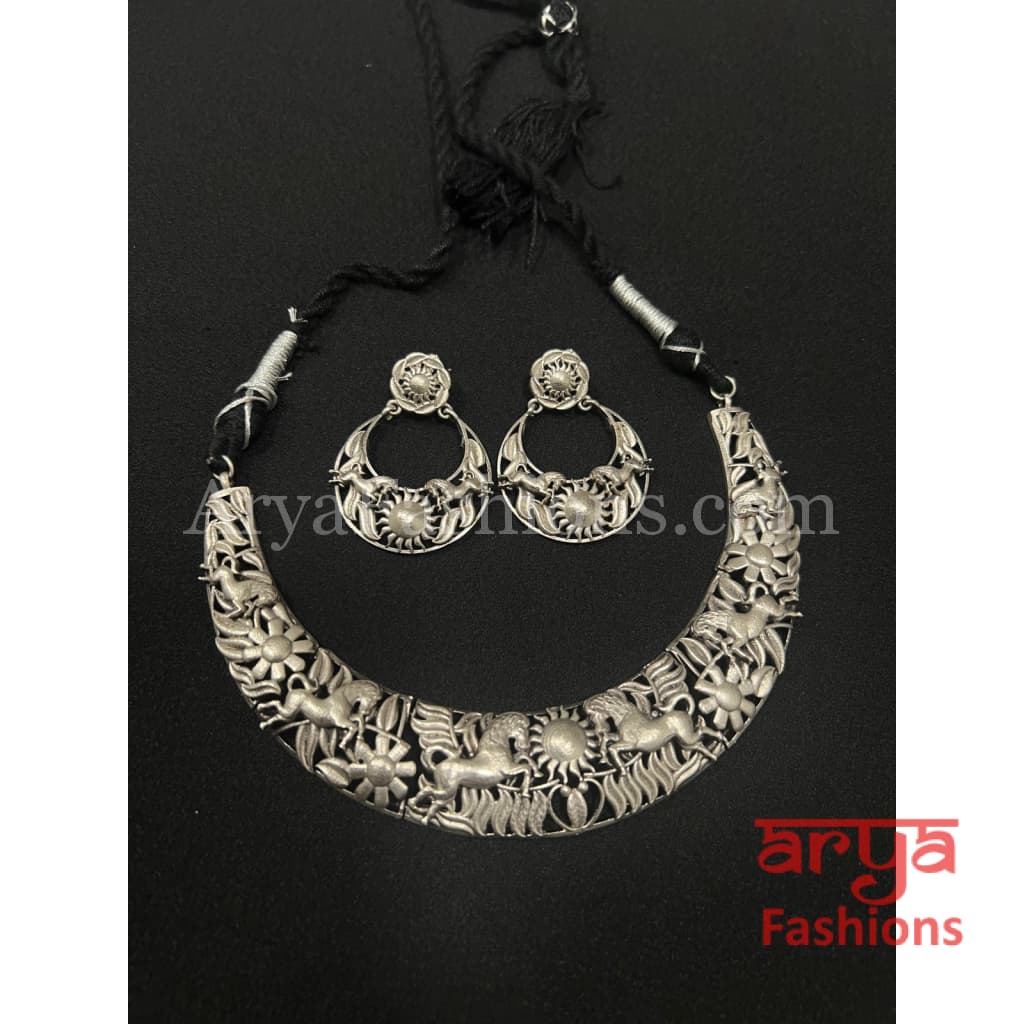 Handcarved Silver Designer Oxidized Hasli Necklace