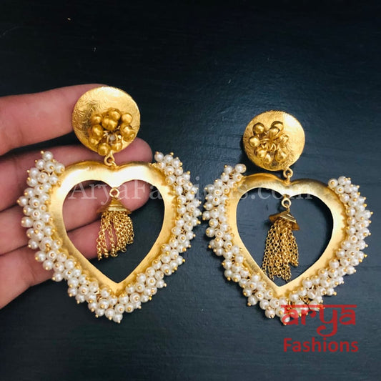 Heart Chandbali/ Golden Indo-Western Ethnic Earrings with Pearl