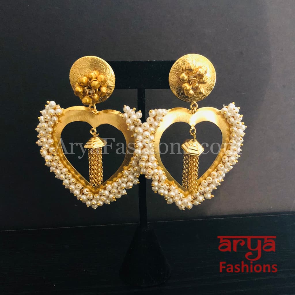 Heart Chandbali/ Golden Indo-Western Ethnic Earrings with Pearl