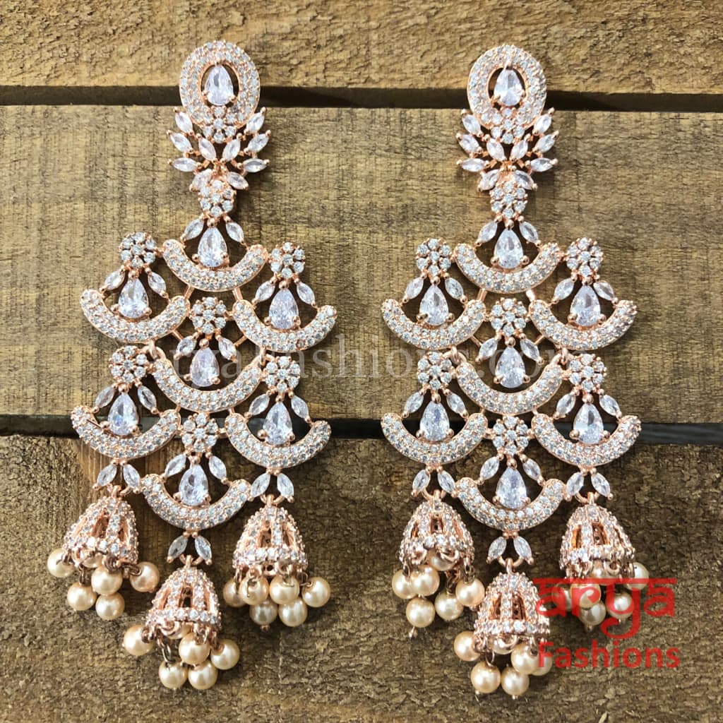 Heer CZ Chandbali Earrings Rose Gold/Silver finish