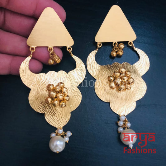 Hira Golden Fusion Indian Earrings with Pearl and Ghungroo beads