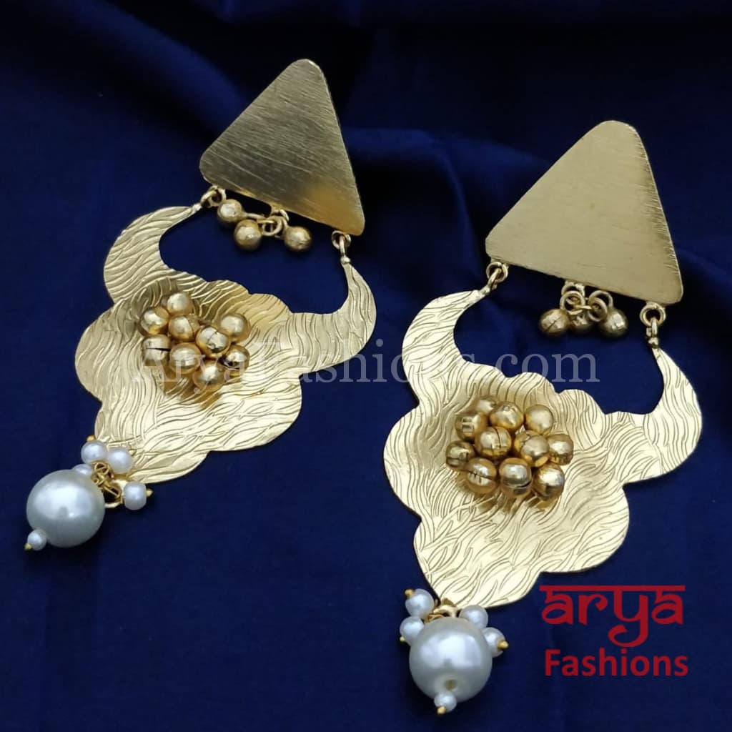 Hira Golden Fusion Indian Earrings with Pearl and Ghungroo beads