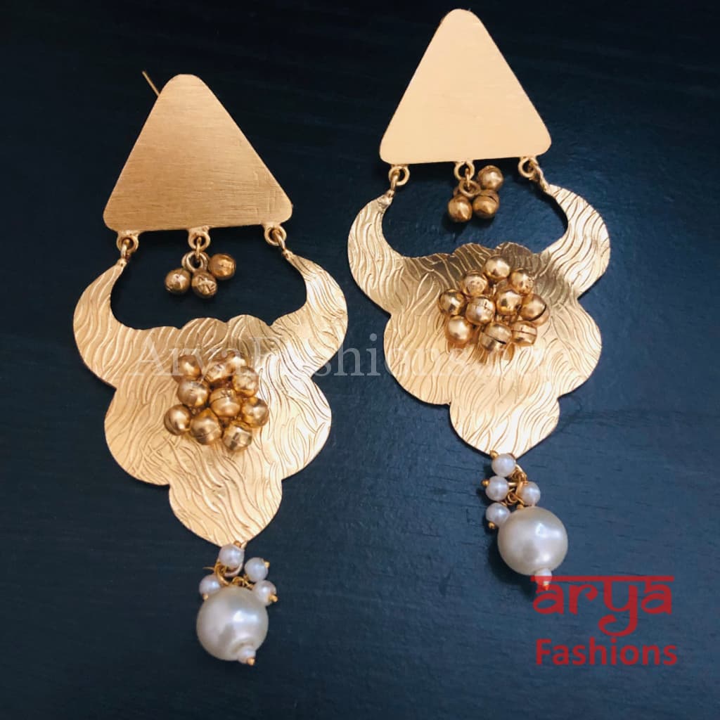Hira Golden Fusion Indian Earrings with Pearl and Ghungroo beads