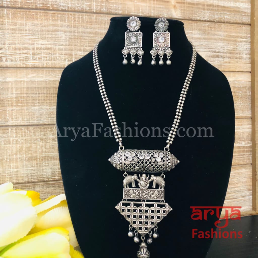 Ishani Oxidized Silver Tribal Necklace with colored Stones / Statement
