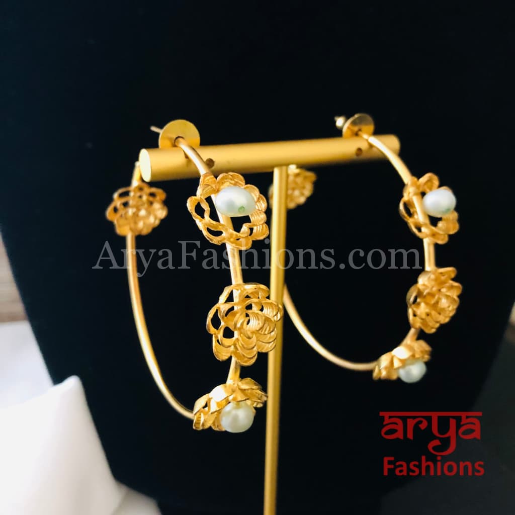Ivanka Golden Flower Hoop Earrings/Handmade Earrings/Golden Statement earrings
