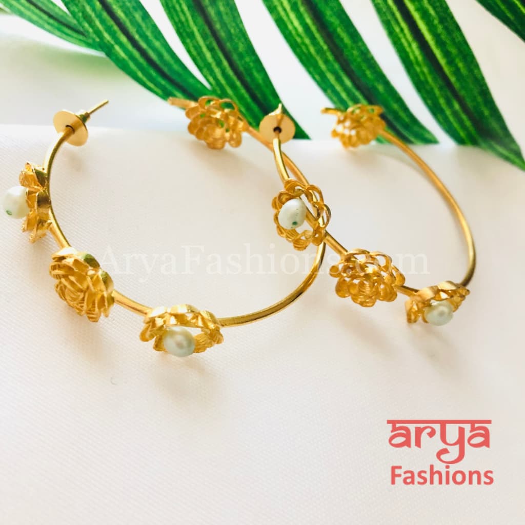 Ivanka Golden Flower Hoop Earrings/Handmade Earrings/Golden Statement earrings