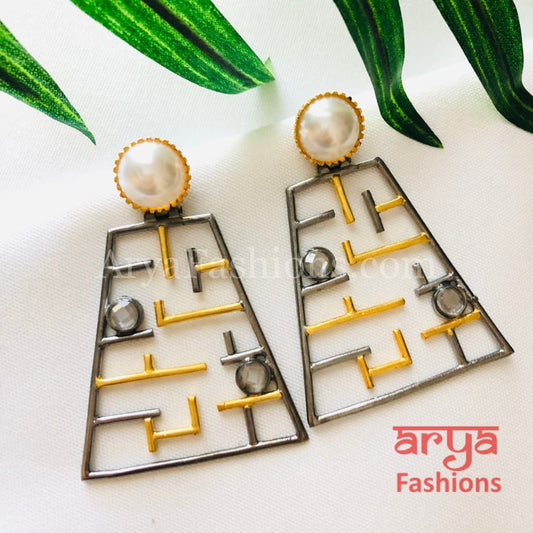 Ivanka Rectangle Fusion Earrings/Gray Golden Long Party Earrings