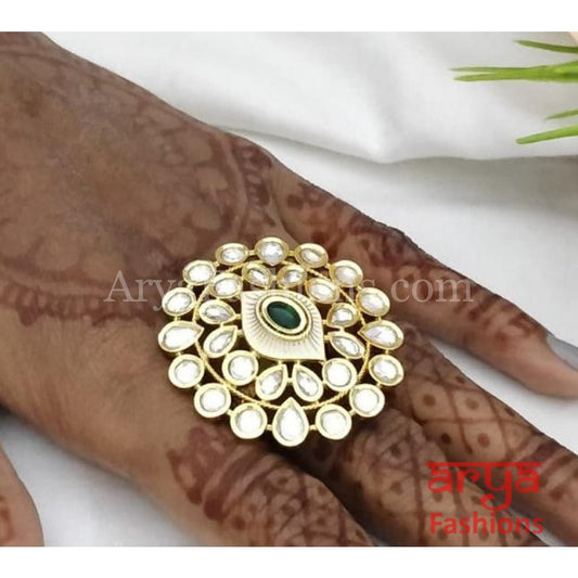 Ivory Meenakari Emerald Kundan Adjustable Ring