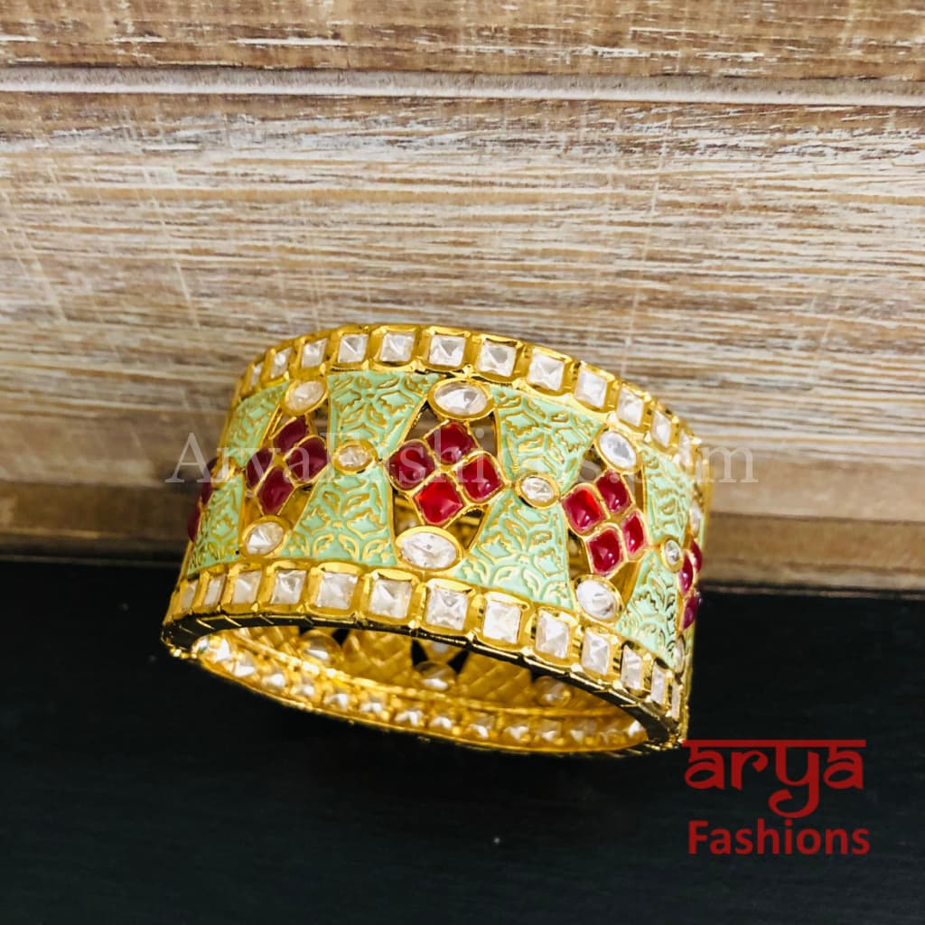 Ivory Meenakari Kundan Bracelet with Red Stone/ Mint Green