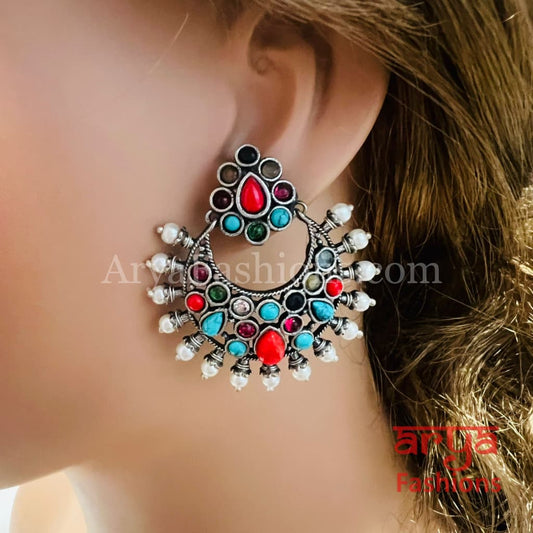 Jadau Oxidized Silver Small Chandbali Earrings with Pearls