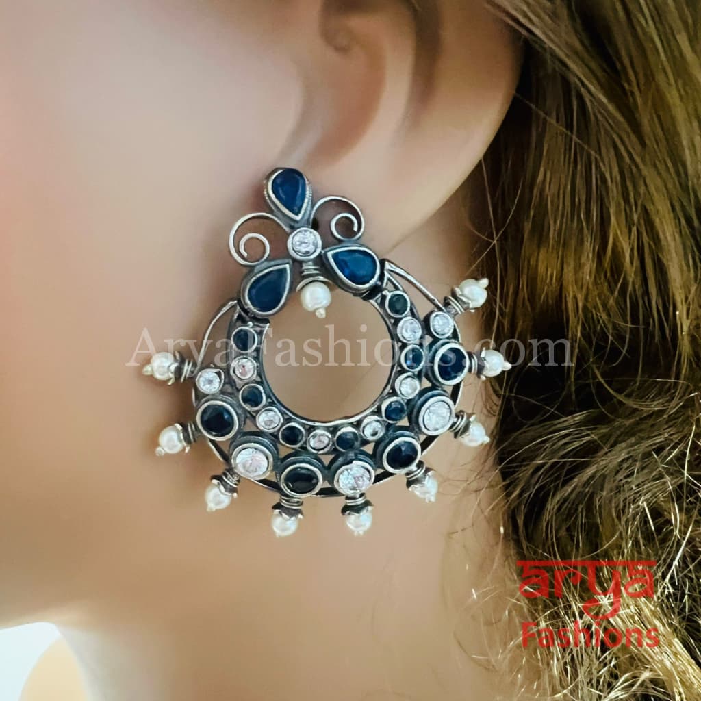 Jadau Oxidized Silver Small Chandbali Earrings with Pearls