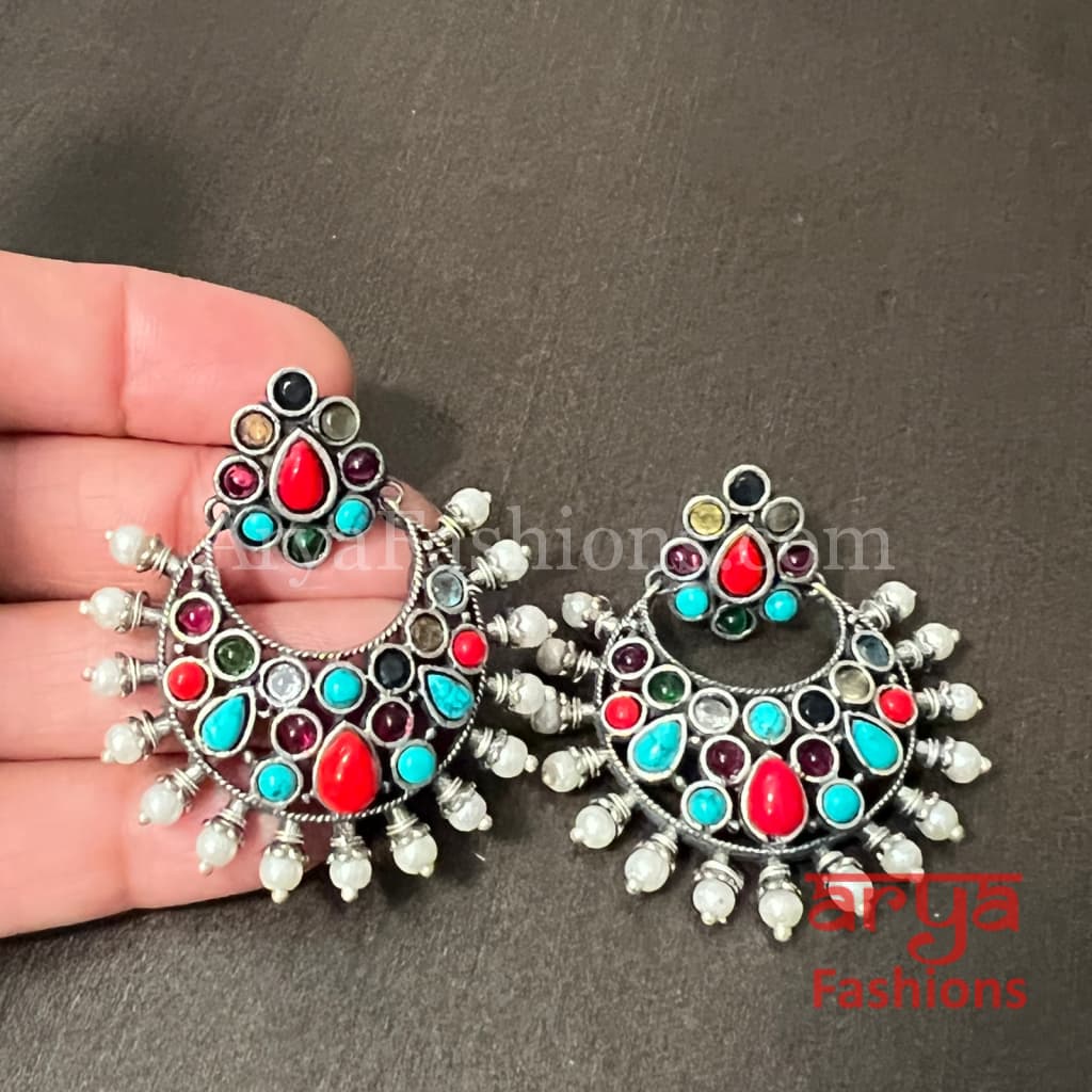 Jadau Oxidized Silver Small Chandbali Earrings with Pearls