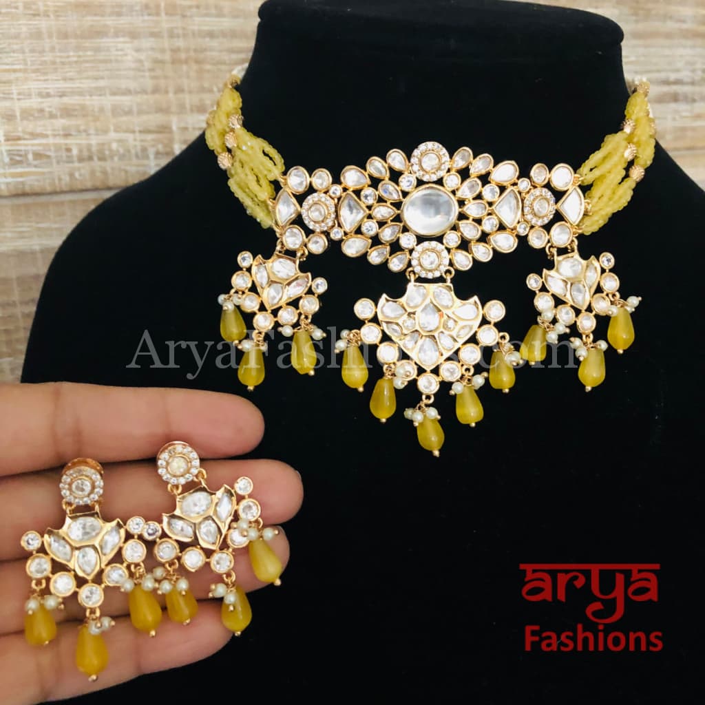 Jadau Rajwadi Pacchi Kundan CZ Choker/ Pink Yellow Choker