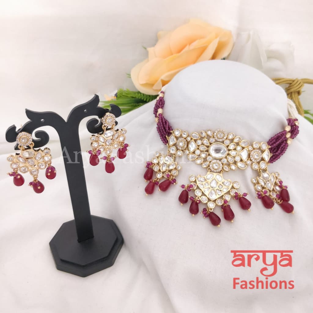 Jadau Rajwadi Pacchi Kundan CZ Choker/ Pink Yellow Choker