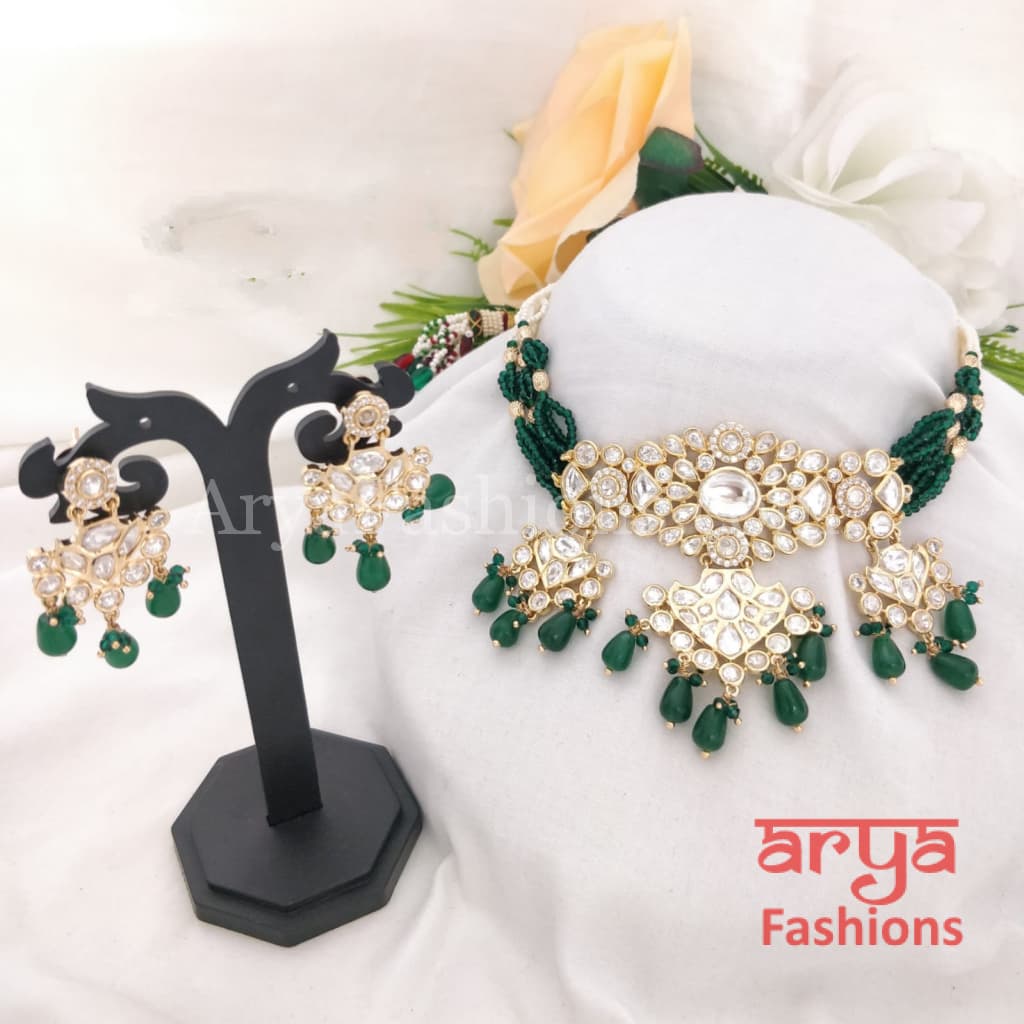 Jadau Rajwadi Pacchi Kundan CZ Choker/ Pink Yellow Choker