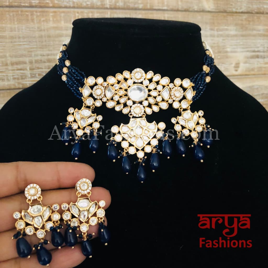 Jadau Rajwadi Pacchi Kundan CZ Choker/ Pink Yellow Choker