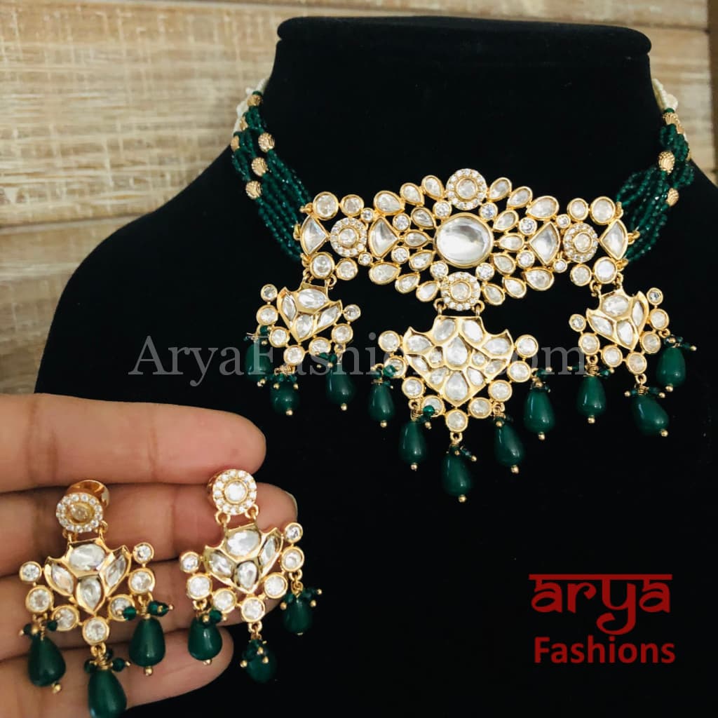 Jadau Rajwadi Pacchi Kundan CZ Choker/ Pink Yellow Choker