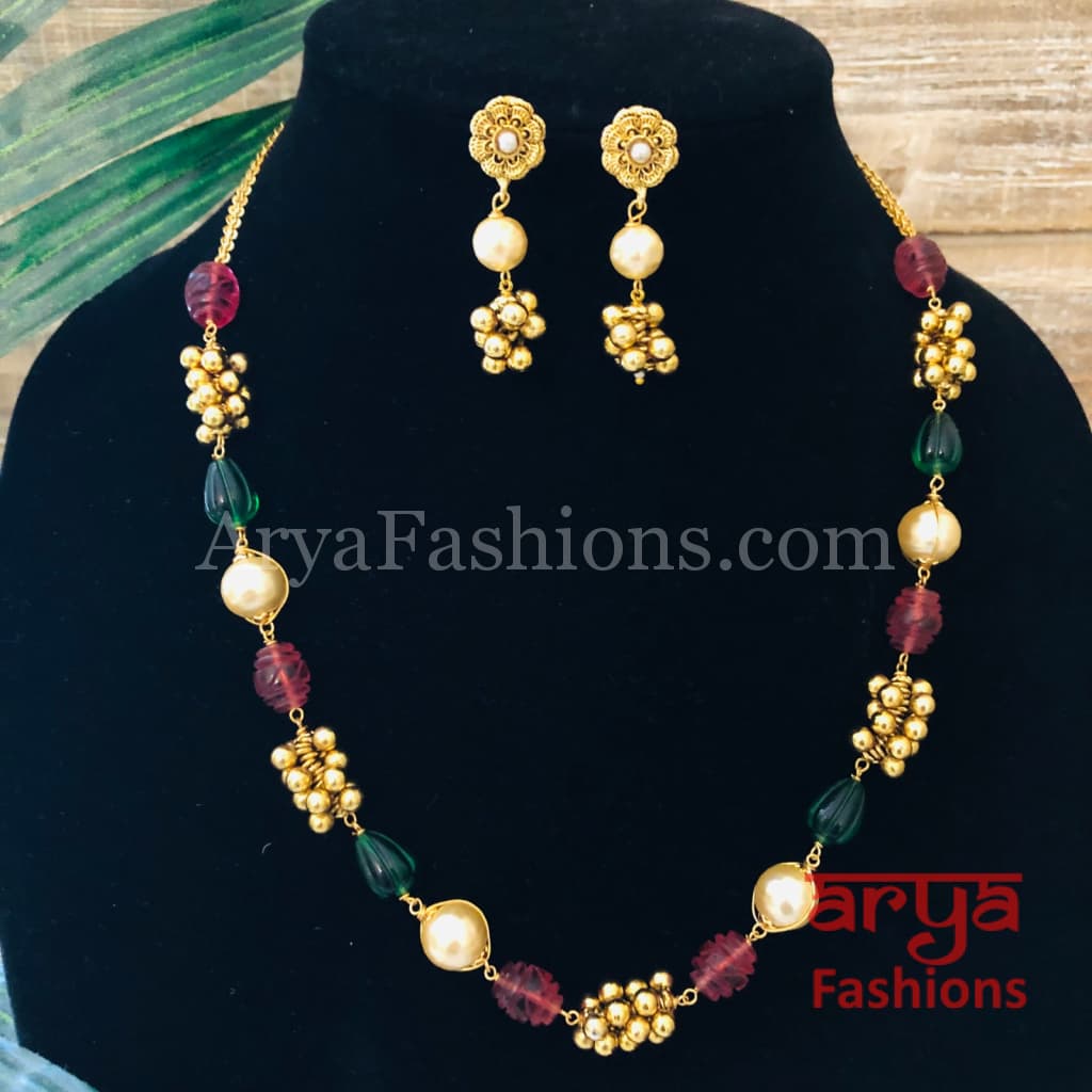 Jaipuri Colorful Beads Mala Necklace with Earrings