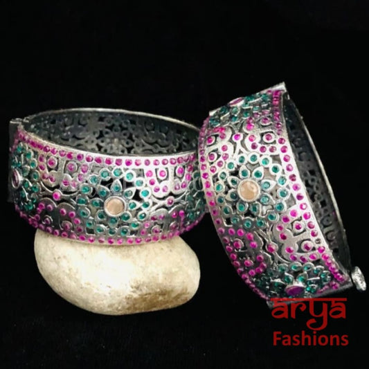 Jaipuri Jadau Tribal Silver Oxidized Bracelet Bangles with colored stones