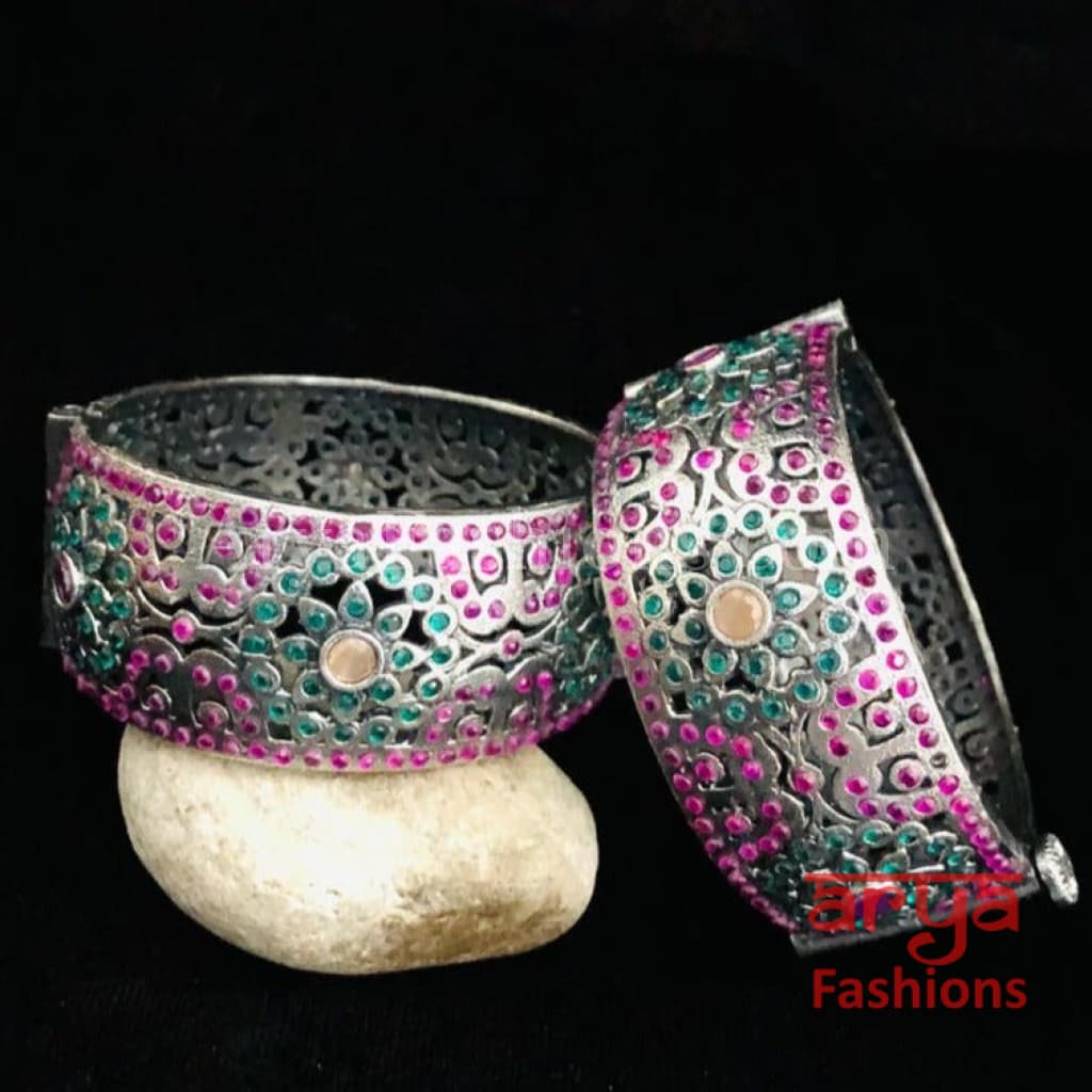 Jaipuri Jadau Tribal Silver Oxidized Bracelet Bangles with colored stones