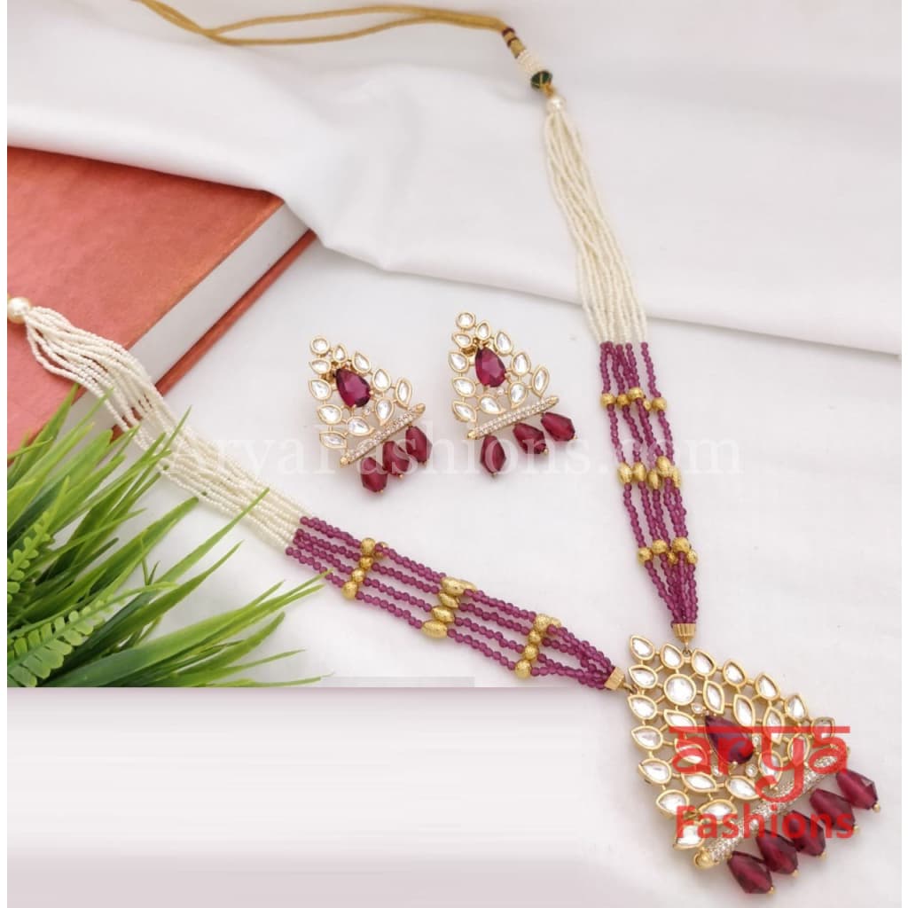 Jaipuri Long Pacchi Kundan Necklace/Rajwadi Necklace with Beads work