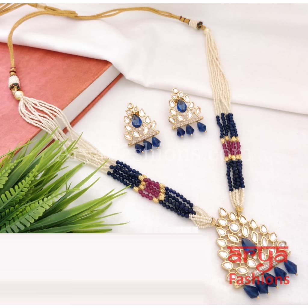 Jaipuri Long Pacchi Kundan Necklace/Rajwadi Necklace with Beads work
