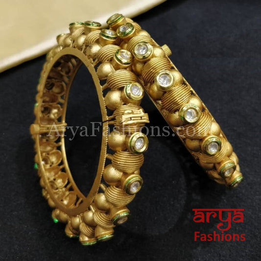 Jaipuri Rajwadi Golden Kada Bangles with Kundan stones