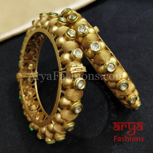 Jaipuri Rajwadi Golden Kada Bangles with Kundan stones