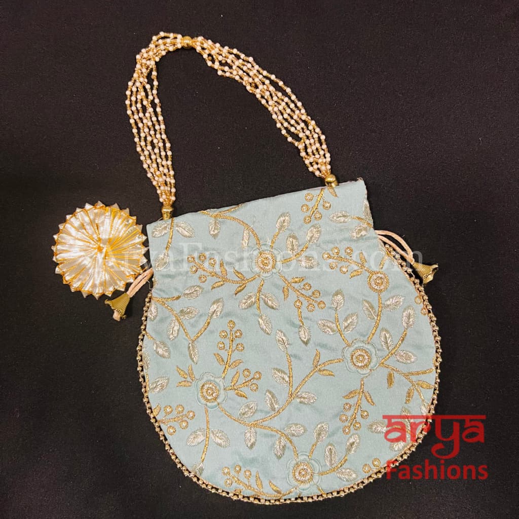 Jaipuri Satin Potli Designer Bag/ Traditional Embroidered / Haldi Mayun Gift