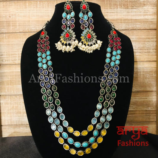 Kajal Multilayer Kemp Stones Long Necklace in Oxidized Silver