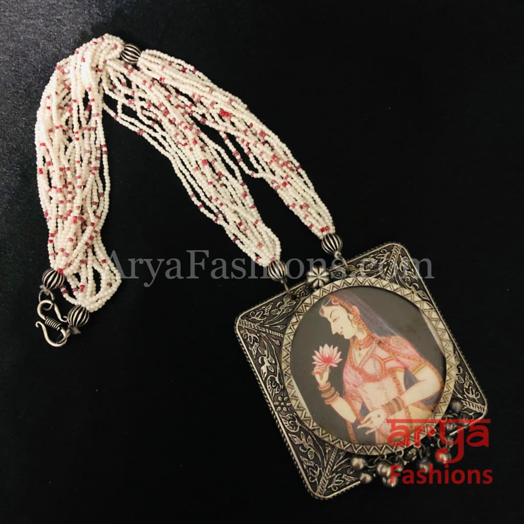 Kalamkari Painting Oxidized Silver Pendant with Multistrand Pearl chain