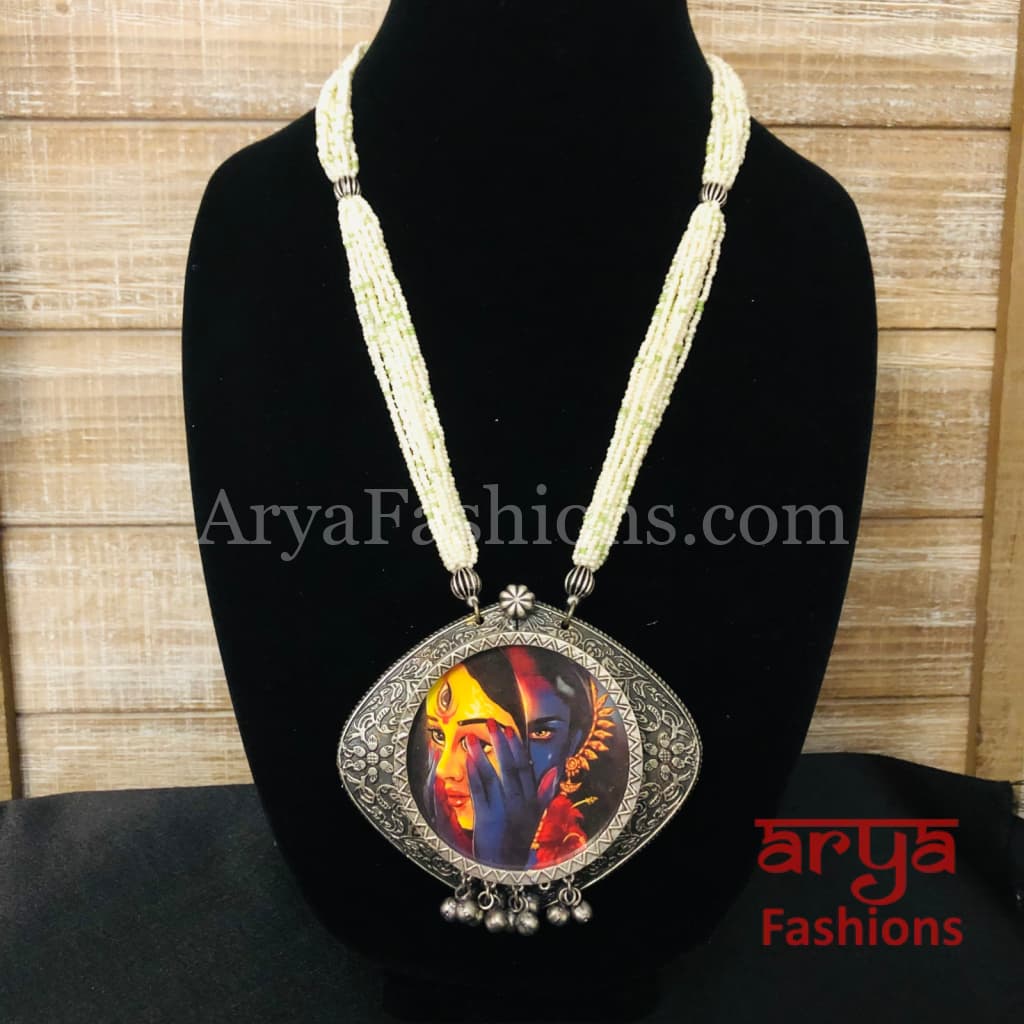 Kalamkari Painting Oxidized Silver Pendant with Multistrand Pearl chain