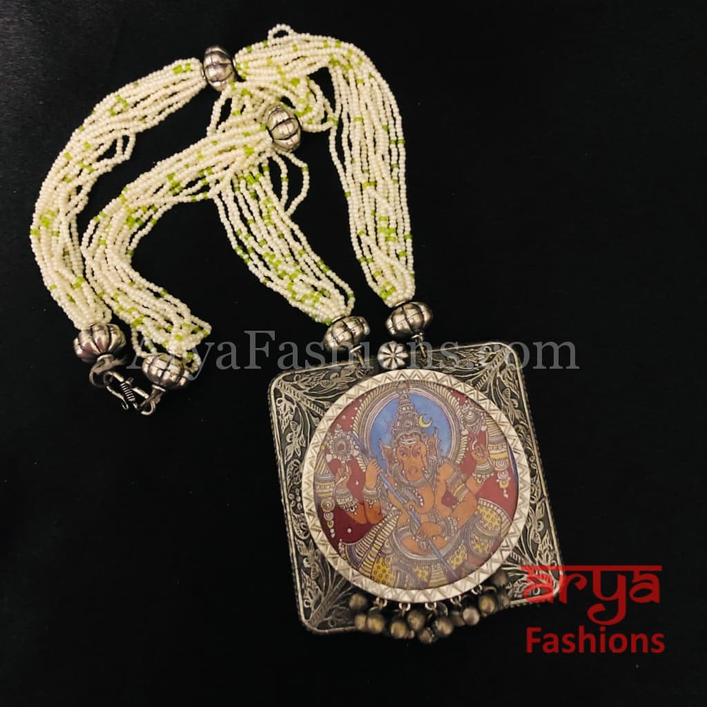 Kalamkari Painting Oxidized Silver Pendant with Multistrand Pearl chain