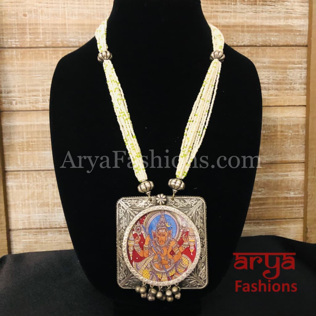 Kalamkari Painting Oxidized Silver Pendant with Multistrand Pearl chain